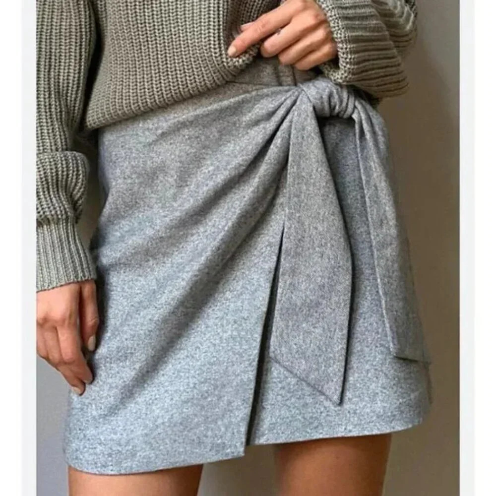 Aritzia Wilfred New Wrap Front Tie Wool Cashmere Blend Skirt Light  Grey 6